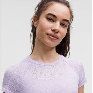 Swiftly Pointelle Cropped Short- Sleeve Shirt - Herringbone Dot Lavender (6)